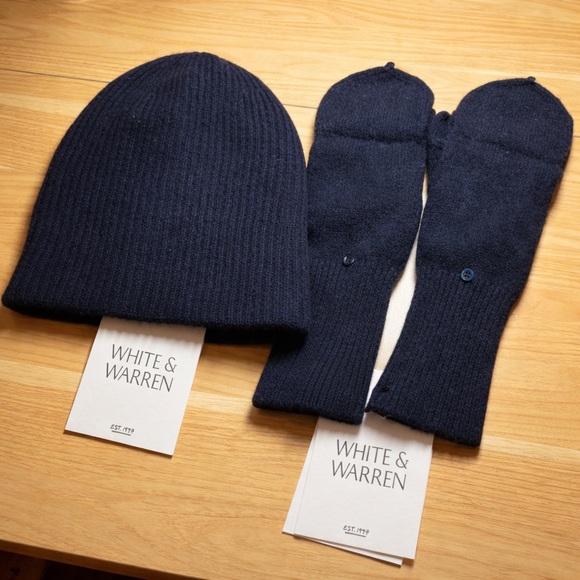 White + Warren Accessories - White + Warren Deep Navy 100% Cashmere Beanie Hat & Pop-Top Gloves Set NWT